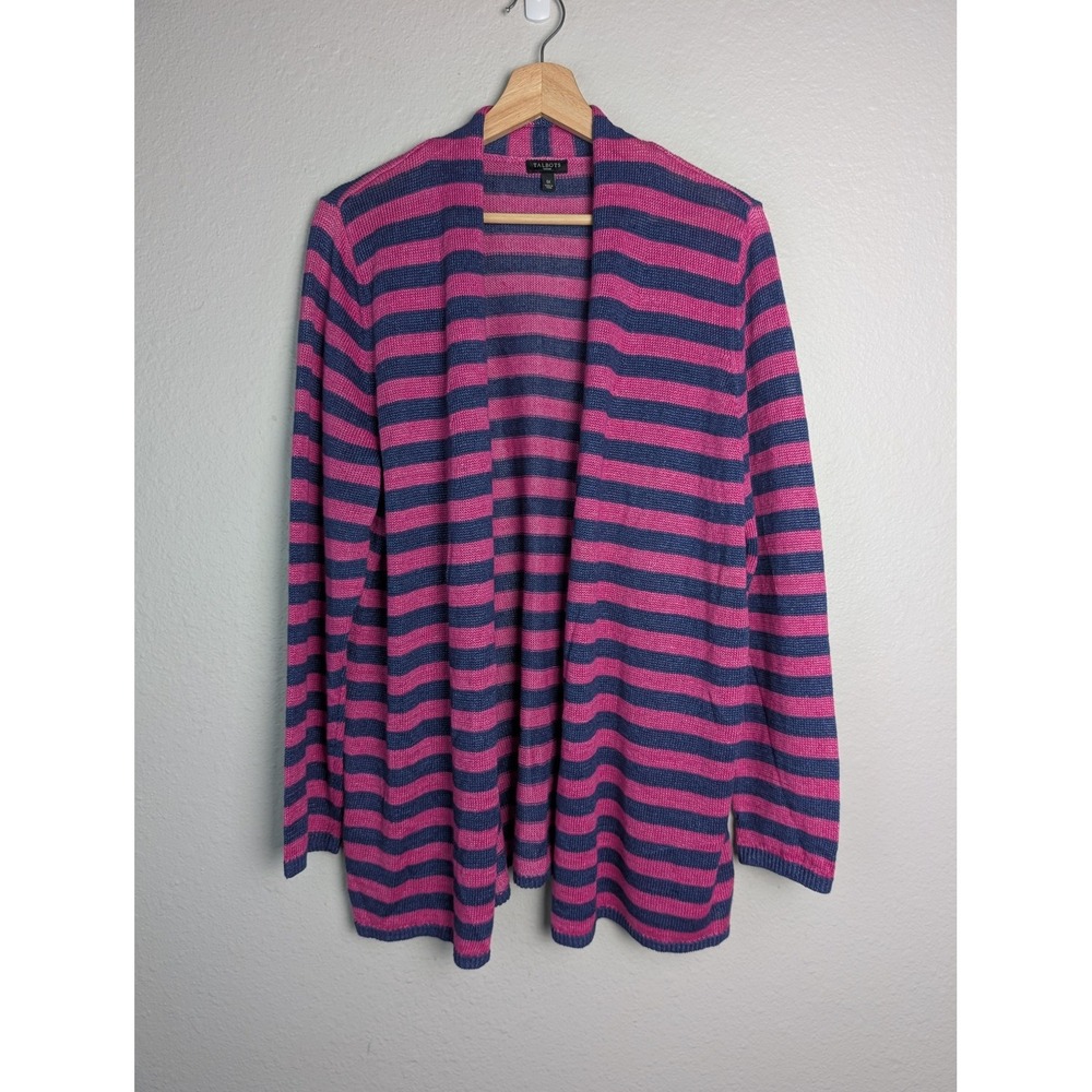 Talbots Cardigan Sweater Womens 1X Pink Navy‎ Stripe 100% Linen Open Front